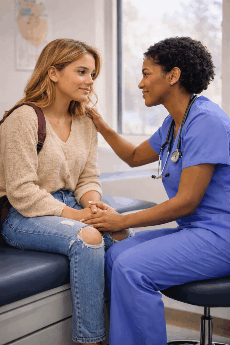 Nurse comforting young woman in clinic
