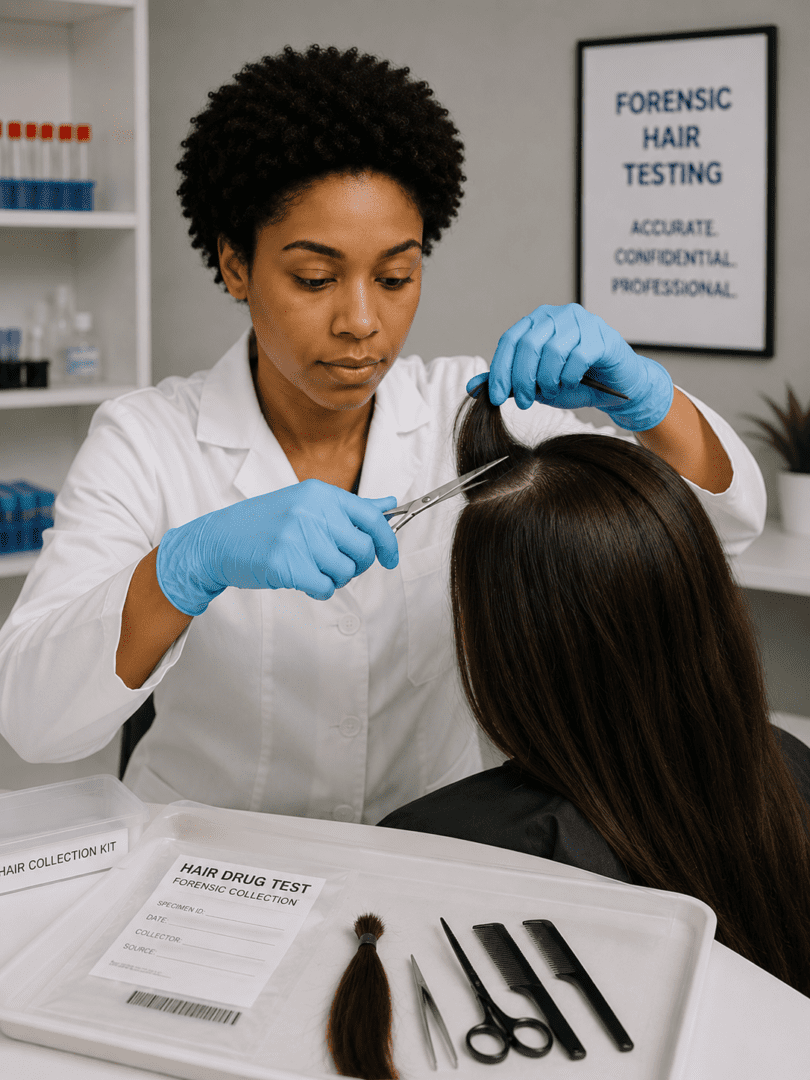 Technician cutting hair for forensic testing