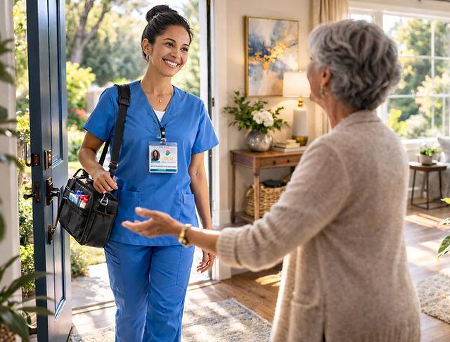 Healthcare worker greeting elderly patient at home.