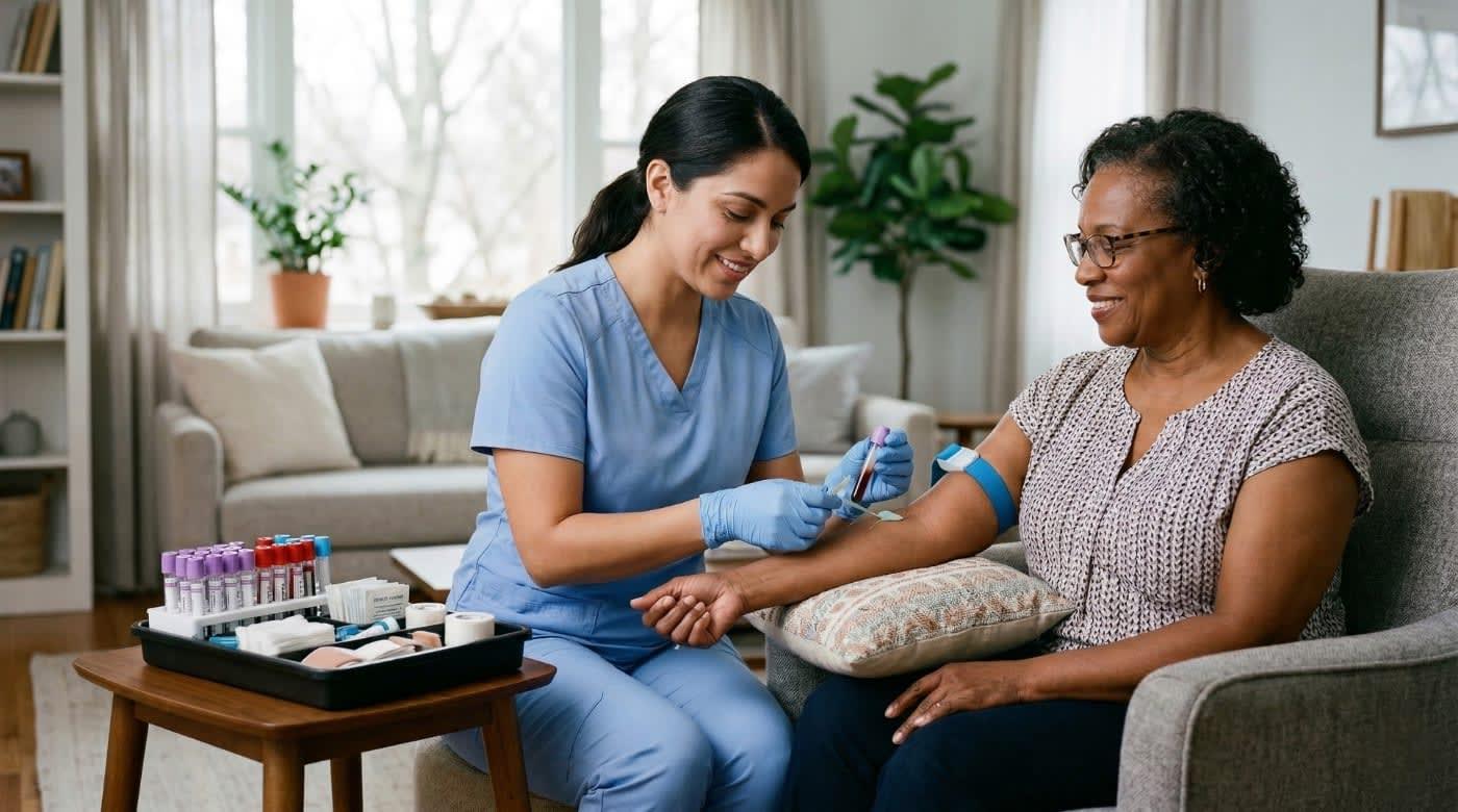 Nurse drawing blood from smiling patient.